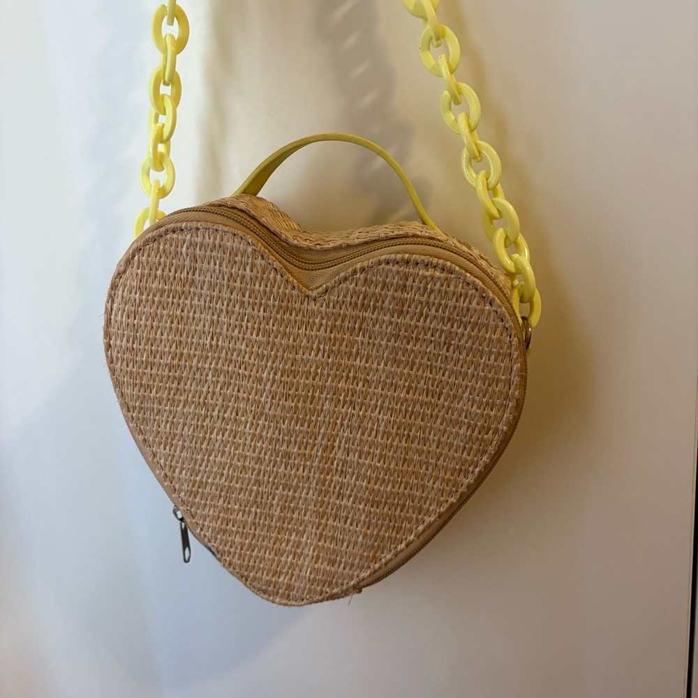 Heart-Shaped Tan Woven Bag with Yellow Chain